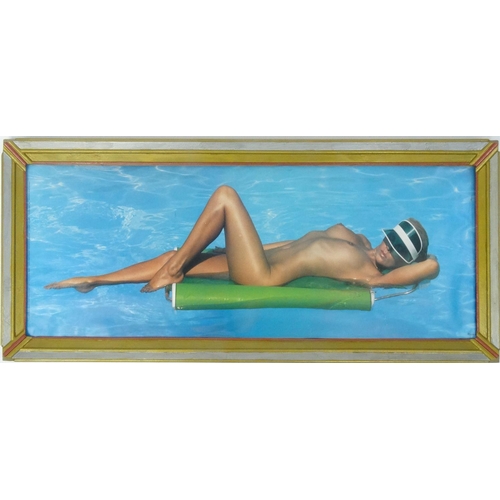 303 - Large poster of a nude female on a Lido, with ornate frame, 170cm x 68cm overall