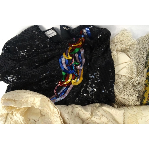 298 - Box of assorted linen and lace, and a Frank Usher sequin top