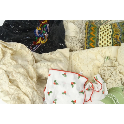 298 - Box of assorted linen and lace, and a Frank Usher sequin top