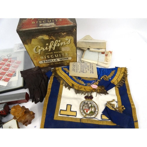 481 - Box of items including a ephemera, album of stamps, vintage griffins biscuit tin, etc,