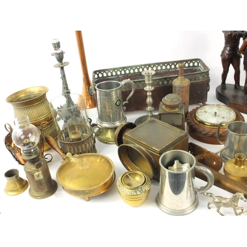 515 - Two boxes of assorted wooden and metal wares, including a barometer, planter, vessels, teapots, pewt... 