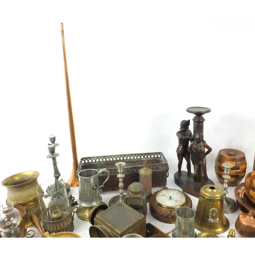 515 - Two boxes of assorted wooden and metal wares, including a barometer, planter, vessels, teapots, pewt... 