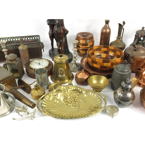 515 - Two boxes of assorted wooden and metal wares, including a barometer, planter, vessels, teapots, pewt... 