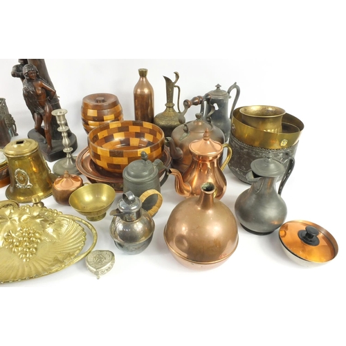 515 - Two boxes of assorted wooden and metal wares, including a barometer, planter, vessels, teapots, pewt... 