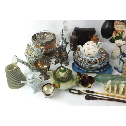 289 - Box of assorted china and metal ware, including two Royal Crown Derby plates, a Sevre porcelain tray... 