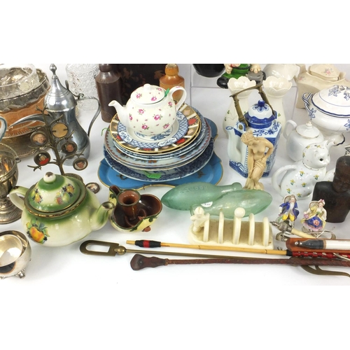 289 - Box of assorted china and metal ware, including two Royal Crown Derby plates, a Sevre porcelain tray... 