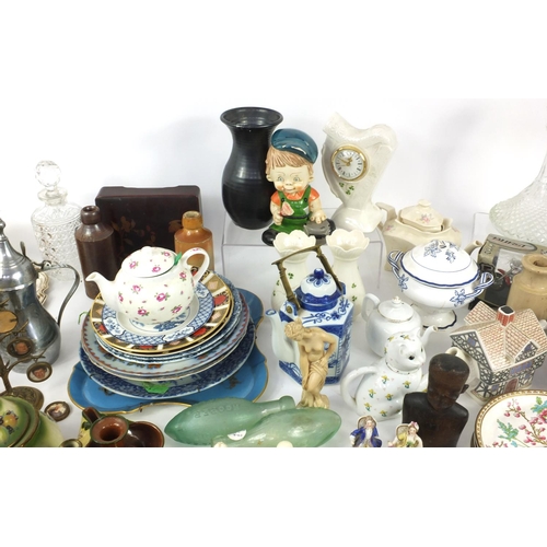 289 - Box of assorted china and metal ware, including two Royal Crown Derby plates, a Sevre porcelain tray... 