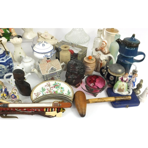 289 - Box of assorted china and metal ware, including two Royal Crown Derby plates, a Sevre porcelain tray... 