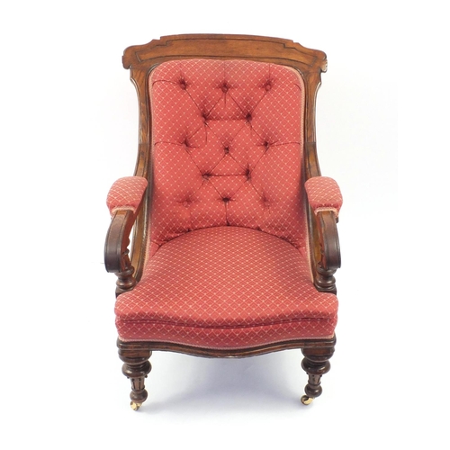 2027 - Victorian Oak framed elbow chair with burgundy button backed upholstery and fluted legs, 92cm high