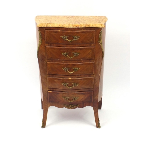2007 - Louis XVI style kingwood cross banded bombe commode with marble top and gilt metal mounts, fitted wi... 