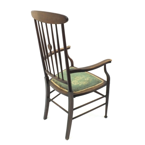 2060 - Arts and Craft inlaid mahogany stick back chair, 104cm high