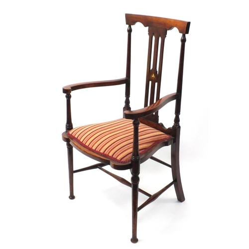 2039 - Arts and crafts inlaid mahogany chair with striped upholstered seat 101cm high