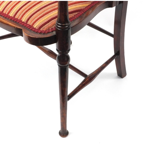 2039 - Arts and crafts inlaid mahogany chair with striped upholstered seat 101cm high
