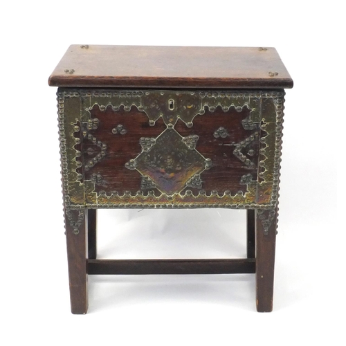 2033 - Antique Oak work box with brass mounts, 50cm high x 43cm wide x 27cm deep