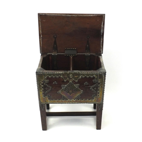2033 - Antique Oak work box with brass mounts, 50cm high x 43cm wide x 27cm deep