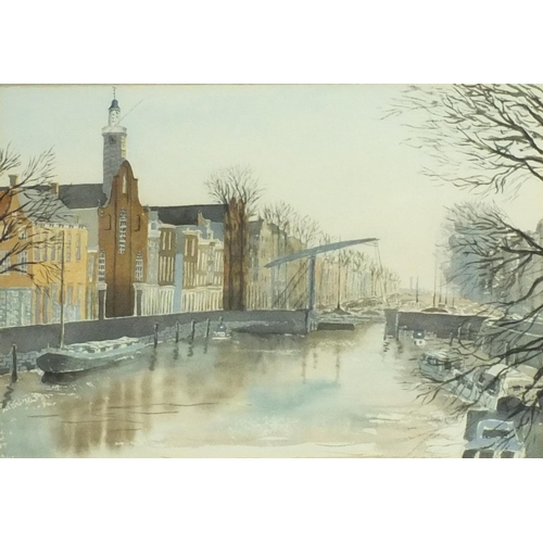 2272 - Eueline - watercolour view of Old Rotterdam Harbour, mounted and contemporary framed, 43cm x 29cm ex... 