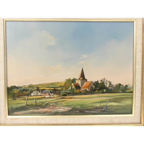 32 - G.Dobbin oil on canvas a view of Alfriston Church, together with a watercolour of a church interior