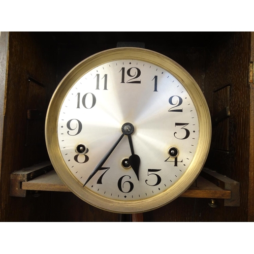 308 - Oak cased wall hanging clock with Westminster chime, 78cm high