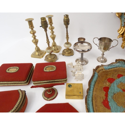 286 - Assorted metal ware including silver plated trays, brass candle sticks, jewellery boxes, gilt framed... 