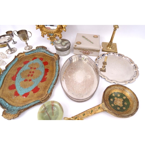 286 - Assorted metal ware including silver plated trays, brass candle sticks, jewellery boxes, gilt framed... 