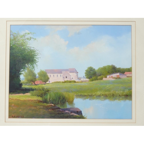 53 - K.B Hancock oil onto canvas board of a view of a pond before buildings, mounted and gilt framed, 42c... 