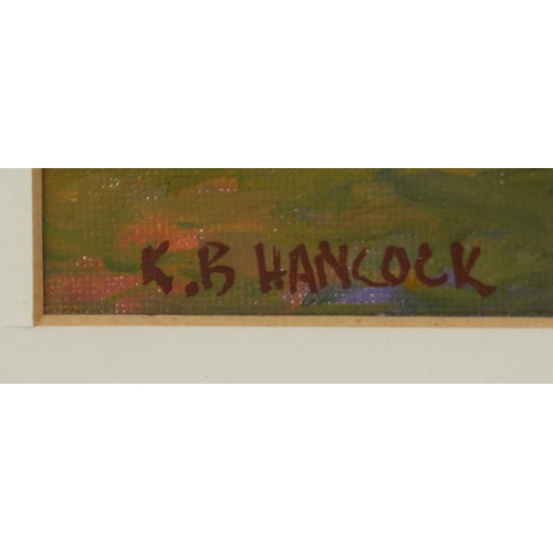 53 - K.B Hancock oil onto canvas board of a view of a pond before buildings, mounted and gilt framed, 42c... 