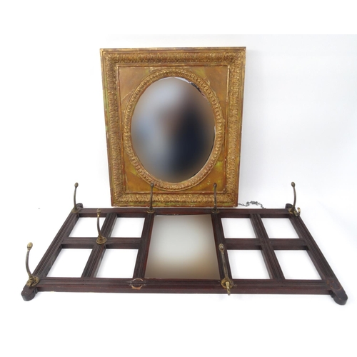 141 - Gilt framed oval bevelled edge mirror and a coat hook with central mirror