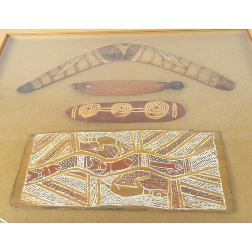 235 - 3D display of tribal interest items, including boomerang, 68cm x 53cm