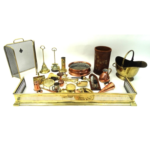 215 - Box of assorted copper and brass items with a selection of brass fire tools including a fender and c... 