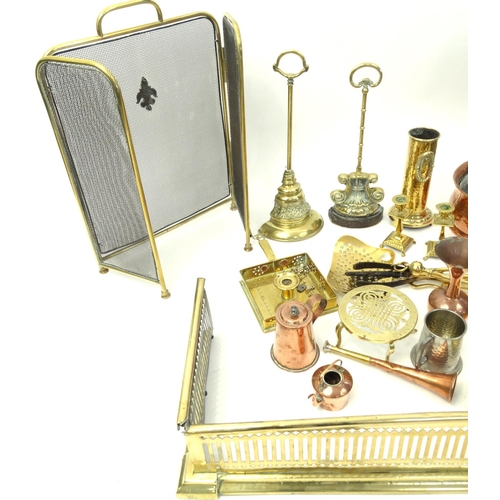 215 - Box of assorted copper and brass items with a selection of brass fire tools including a fender and c... 