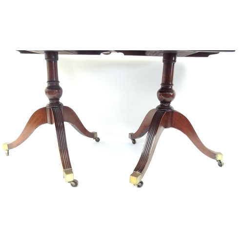 45 - Regency design mahogany twin pedestal dining table with brass feet and castors and extra leaf, 77cm ... 