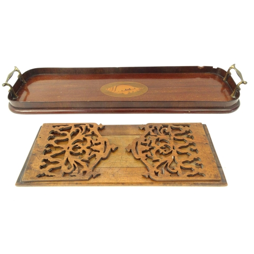 285 - Edwardian inlaid mahogany tray with brass handles and a carved wooden book slide