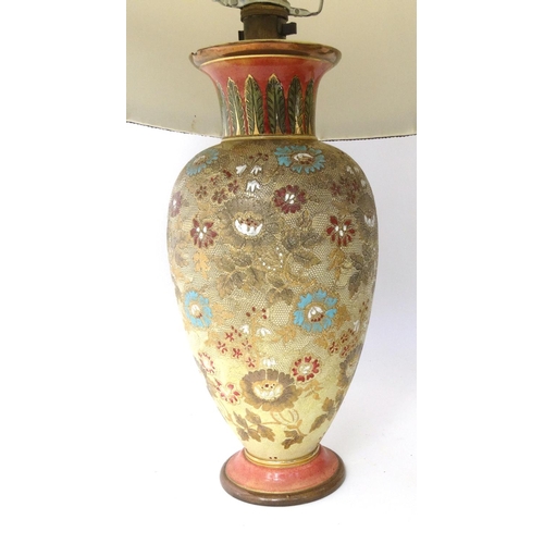 245 - Doulton Lambeth stoneware table lamp and Jardinière, a hand painted Copland Spode table lamp and one... 