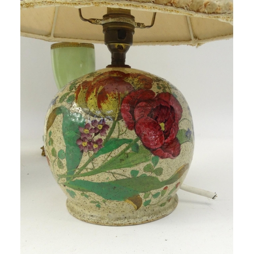 245 - Doulton Lambeth stoneware table lamp and Jardinière, a hand painted Copland Spode table lamp and one... 