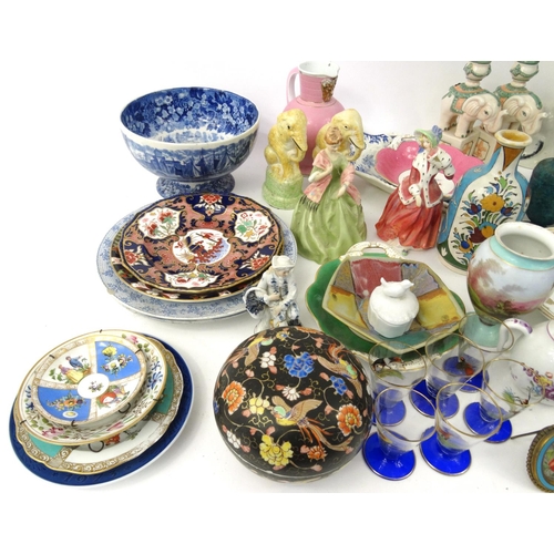 214 - Two boxes of assorted china including Derby plates, Royal Worcester figurine, Staffordshire style ca... 