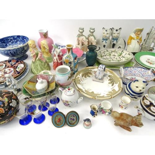 214 - Two boxes of assorted china including Derby plates, Royal Worcester figurine, Staffordshire style ca... 