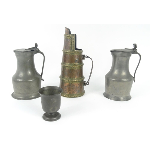 545 - Middle eastern copper and brass vessel, two pewter tankards and a pewter cup