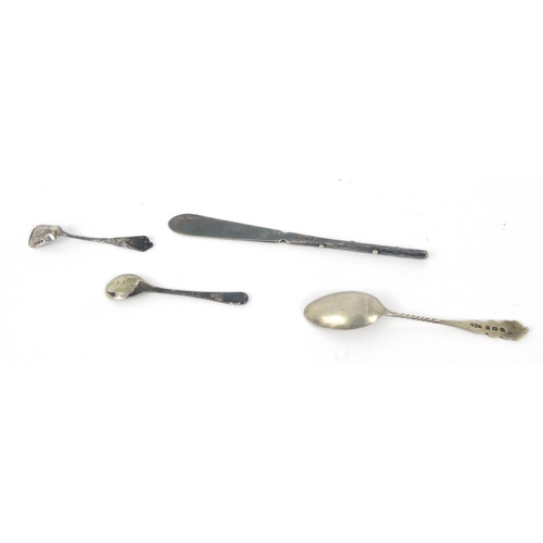 365 - Silver tea spoon and two silver mustard spoons, together with a Hukin & Heath silver plated letter o... 