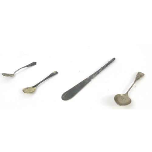 365 - Silver tea spoon and two silver mustard spoons, together with a Hukin & Heath silver plated letter o... 