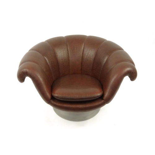 2038 - Vintage swivel tulip chair with brown leather upholstery, 66cm high