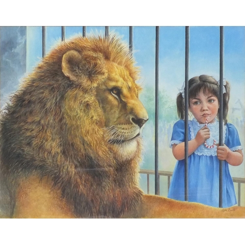 2342 - Lynn Smith - Gouache of a young girl staring at a lion at the zoo, mounted and framed, 48cm x 38cm e... 