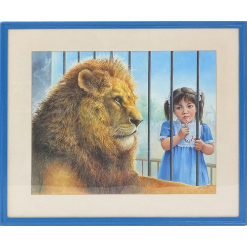 2342 - Lynn Smith - Gouache of a young girl staring at a lion at the zoo, mounted and framed, 48cm x 38cm e... 