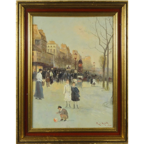 28 - French Impressionist oil onto canvas of figures on a busy street, bearing a signature R. Rossett?, f... 