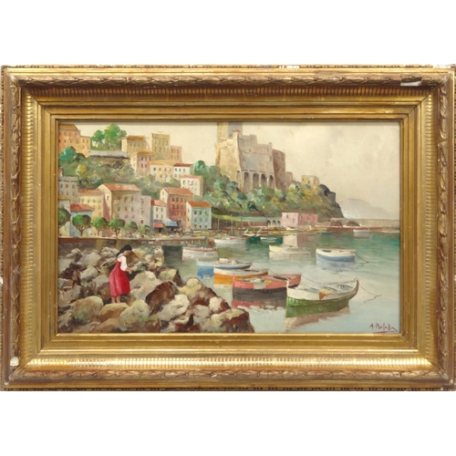 52 - Italian School oil onto board harbour scene, bearing a signature A. Piatella, mounted and framed, 64... 