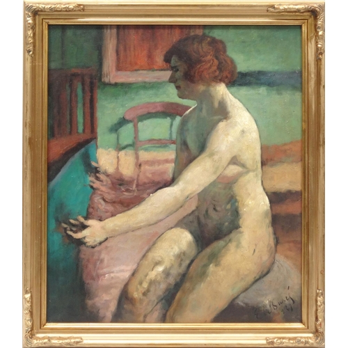 76 - French Impressionist oil onto board of a seated nude female, bearing an indistinct signature to the ... 