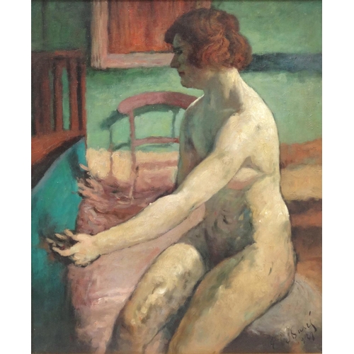 76 - French Impressionist oil onto board of a seated nude female, bearing an indistinct signature to the ... 