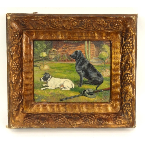 113 - Modern British oil onto board of two seated dogs, mounted and framed, 38cm x 28cm excluding the moun... 