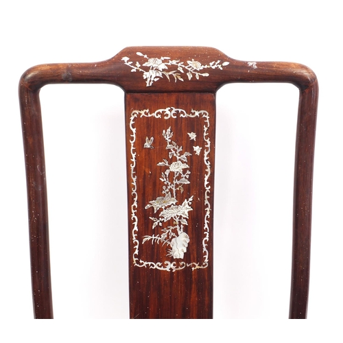 135 - Three oriental Chinese hardwood chairs all with mother of pearl inlay, each 98cm tall