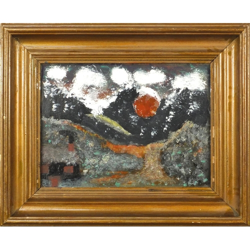 183 - Oil onto canvas abstract composition of a house before mountains, framed, 29cm x 21cm excluding the ... 