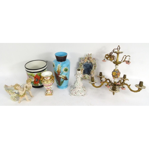 249 - Continental china putti mirror, centrepiece and candlestick and a similar chandelier and Victorian a... 